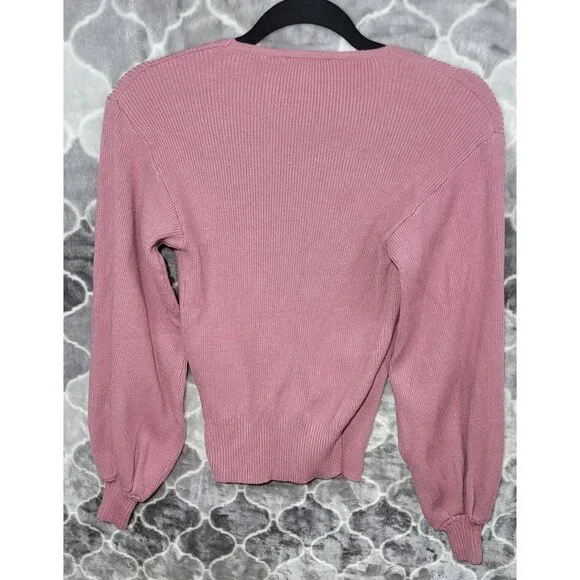 Vici Wrap Ribbed Cropped Sweater Sz S Lantern Sleeves Pink Cowgirl Core Boho - Picture 5 of 5